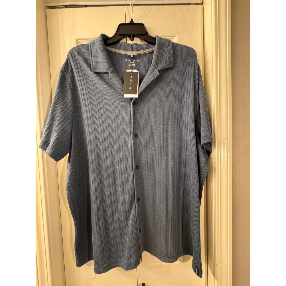 Perry Ellis Mens 3XL Blue Ribbed Knit Short Sleeve Button Down Camp Collar Shirt